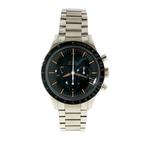 Silver Omega Speedster First Edition in Space with black dial on a white background