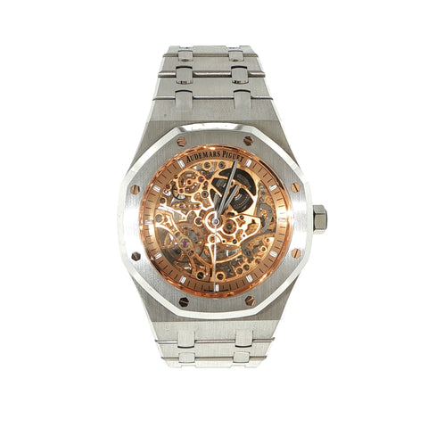 An Audemars Piguet Royal Oak Automatic watch with a silver stainless steel case, white textured dial, and matching steel bracelet, shown against a plain white background.