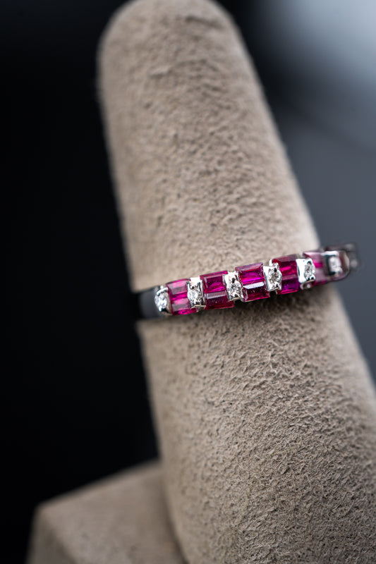 14K White Gold Ruby Baguette & Diamond Ring, 0.10 CTW, Size 6.75