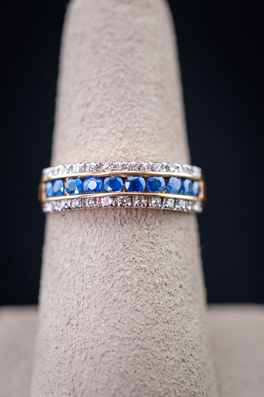 14K Yellow Gold Blue Sapphire & Diamond Band Ring, 0.88 CTW, Size 7