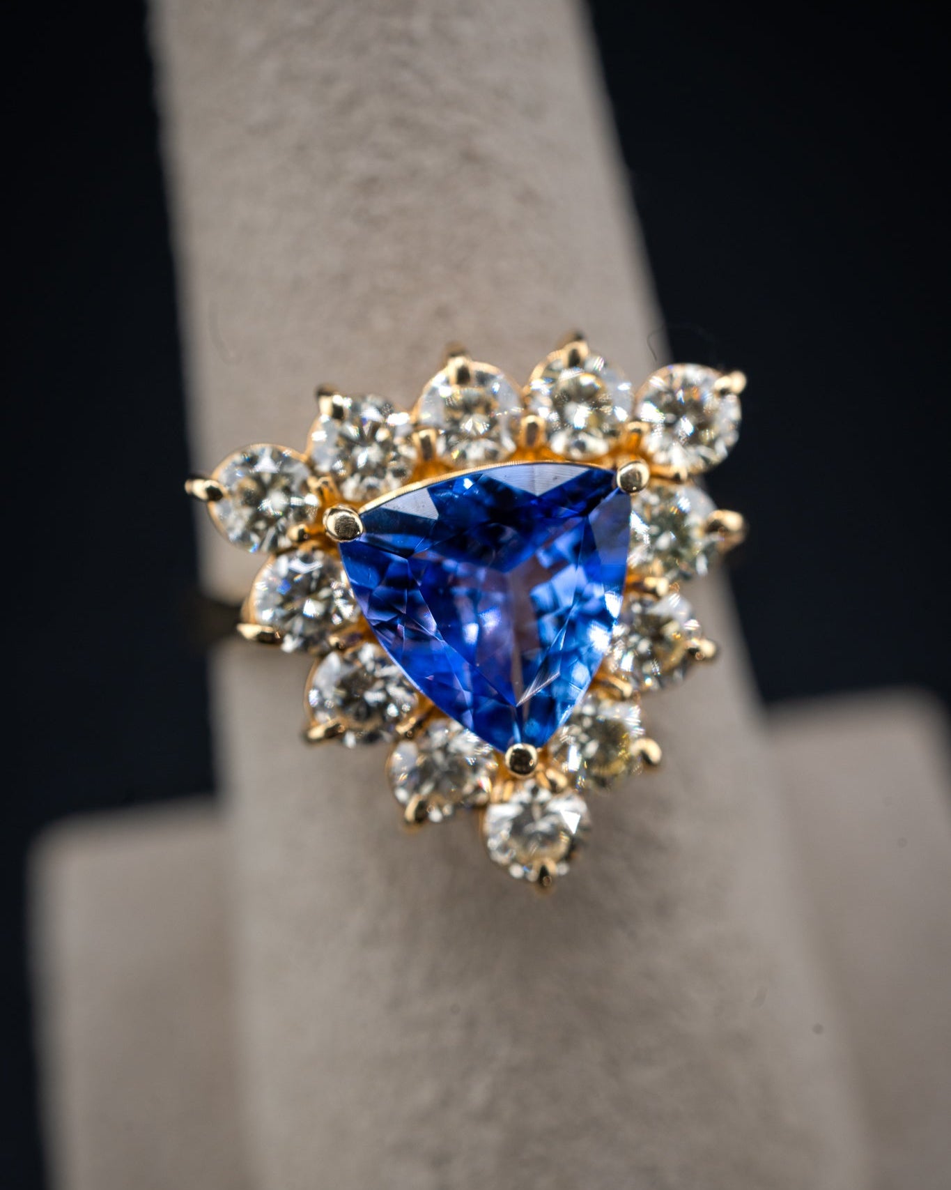 14K Yellow Gold Tanzanite and Diamond Triangle Fancy Ring, 1.59 CTW