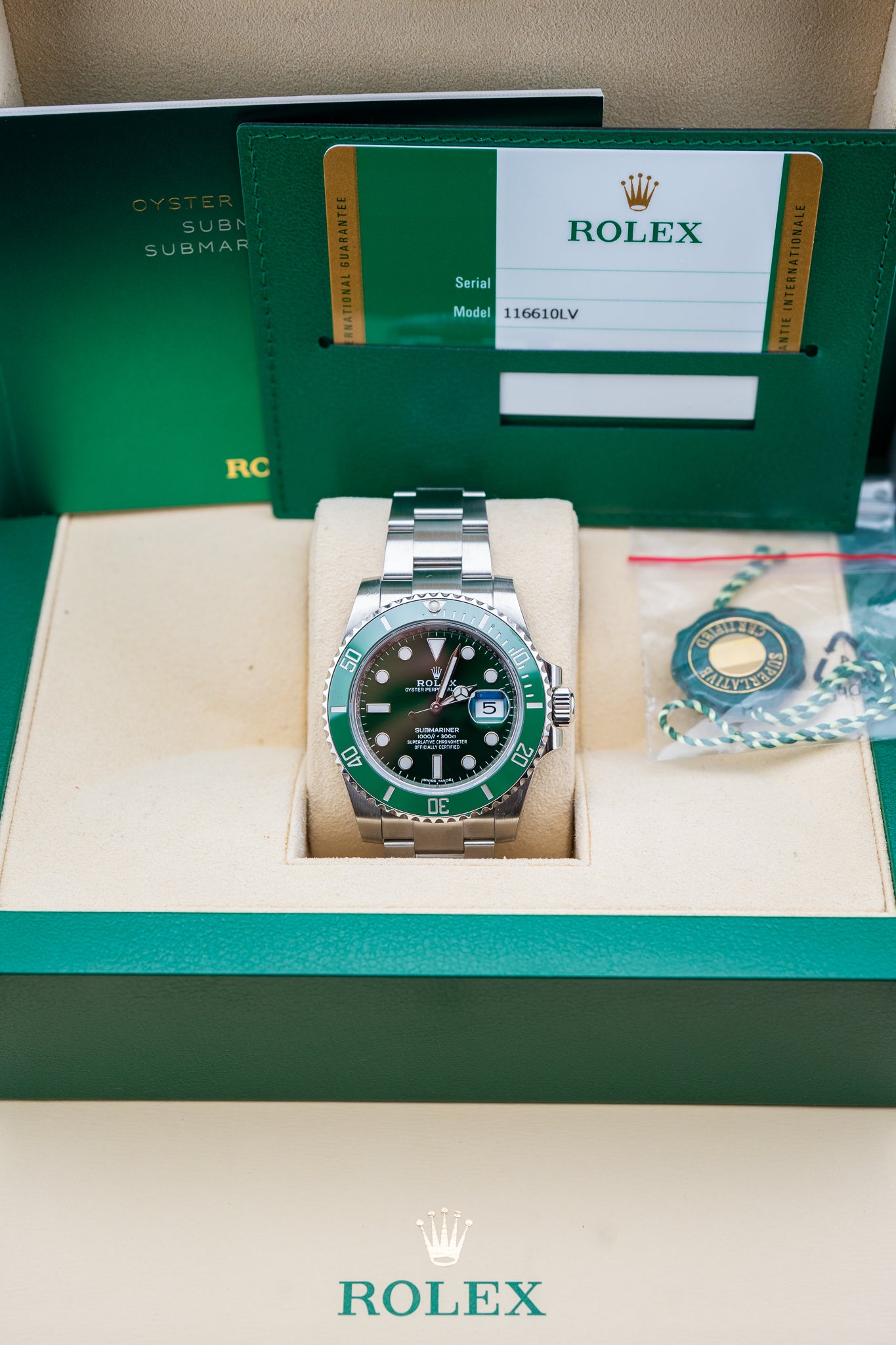 2019 Rolex Submariner “Hulk” – Green Dial & Bezel – Pre-Owned Complete Set – Ref. 116610LV