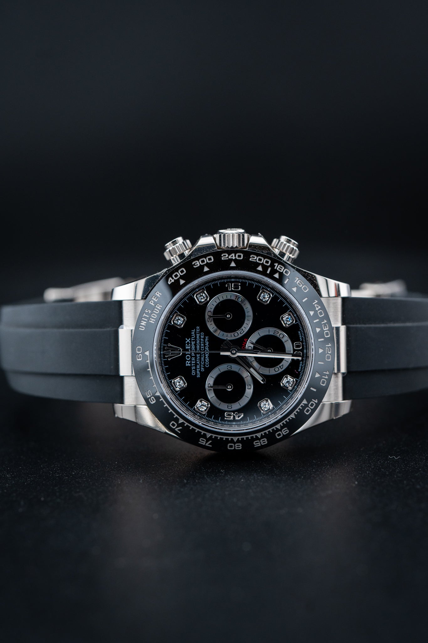 Rolex Daytona White Gold Oysterflex – Black Dial with Factory Diamond Markers – Ref. 116519LN – 2023 Brand New Complete Set