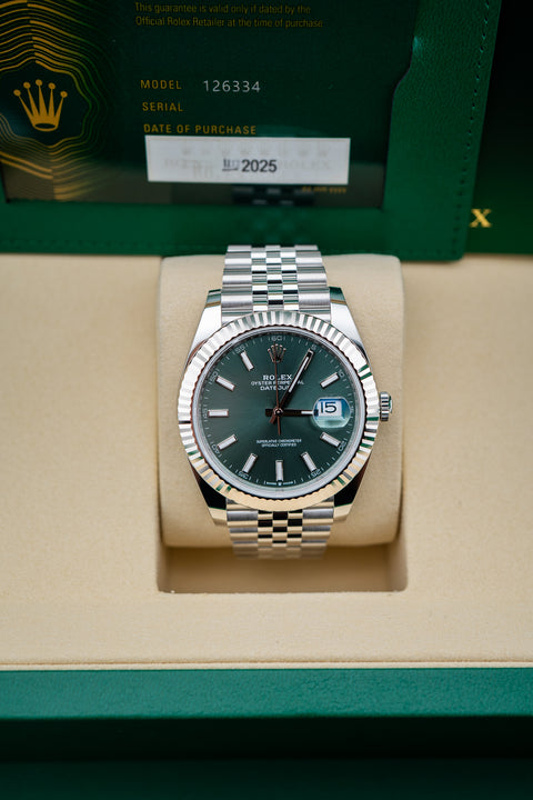 Rolex Datejust 41 Mint Green Dial – Ref. 126334 – Brand New 2025 Complete Set
