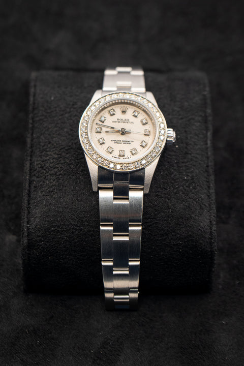 26mm Ladies Oyster Perpetual Silver Dial Diamond Bezel/Markers