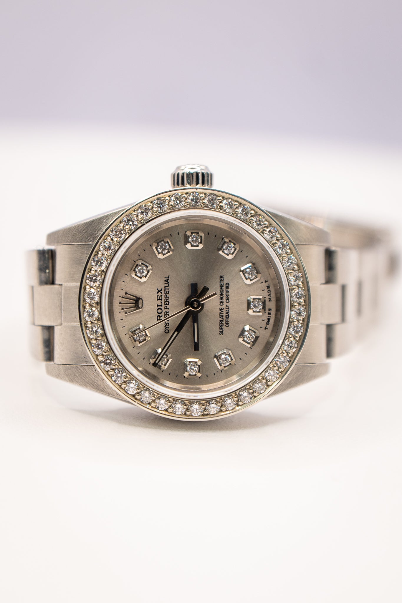 24 Ladies Oyster Perpetual Silver Dial Diamond Bezel/Markers