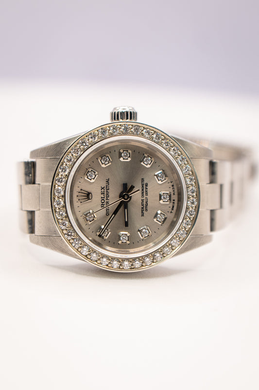 26mm Ladies Oyster Perpetual Silver Dial Diamond Bezel/Markers