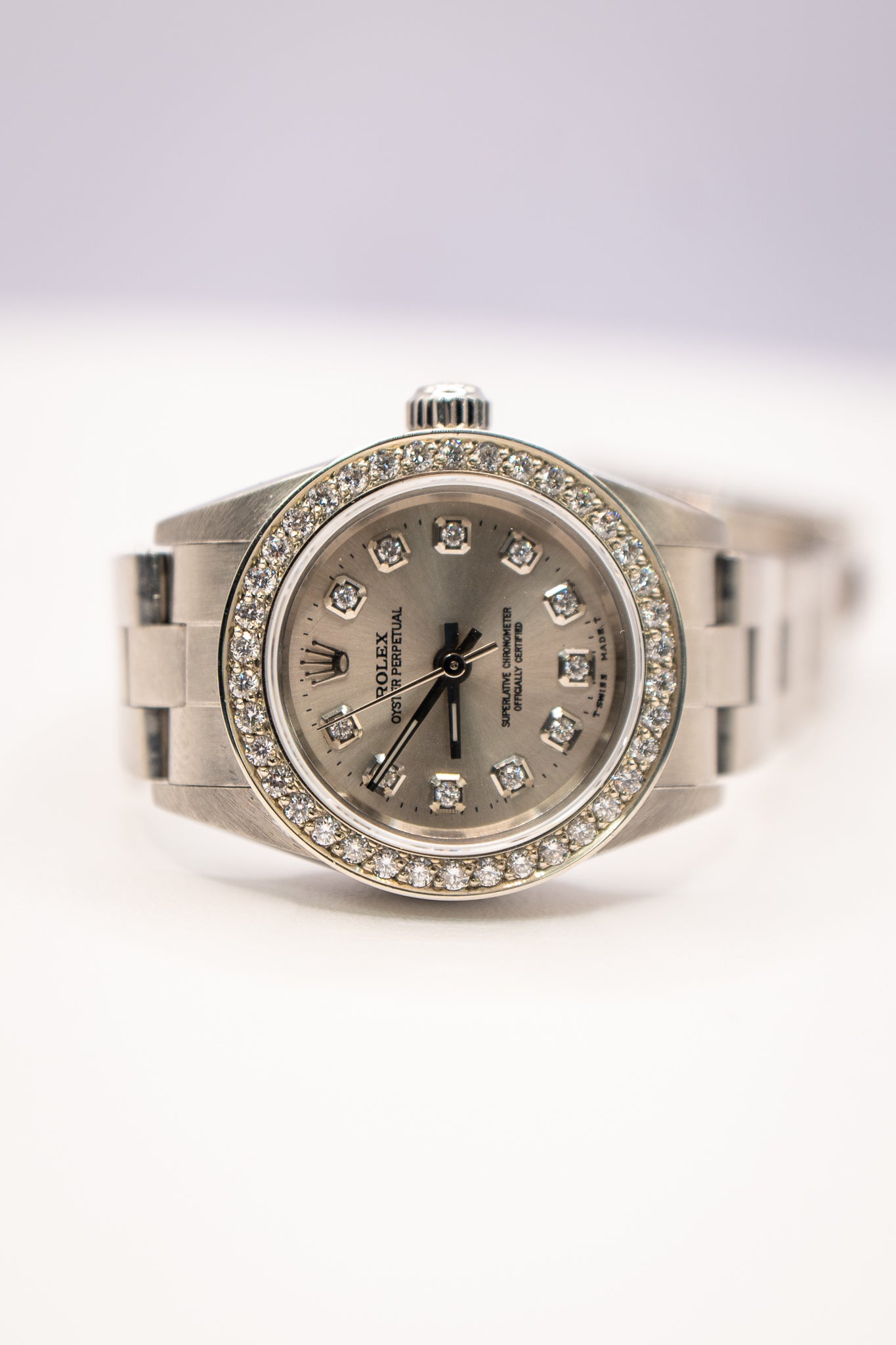 24 Ladies Oyster Perpetual Silver Dial Diamond Bezel/Markers