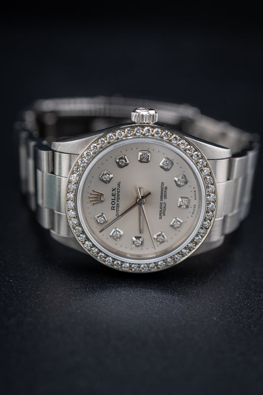 Pre-Owned Rolex Oyster Perpetual – Ref. 77080 – Custom Silver Diamond Dial & Bezel