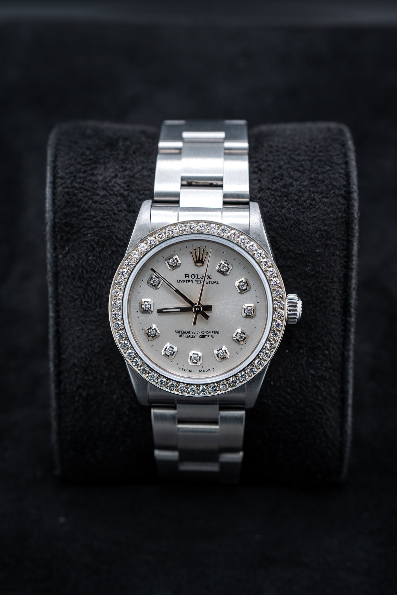Pre-Owned Rolex Oyster Perpetual – Ref. 77080 – Custom Silver Diamond Dial & Bezel