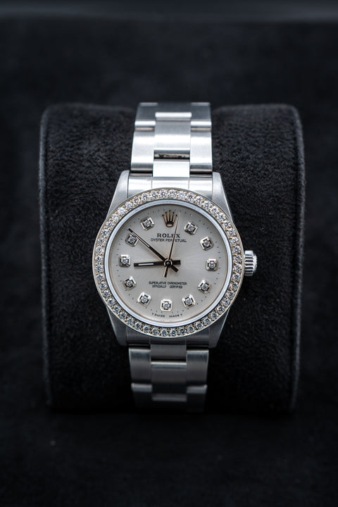 Pre-Owned Rolex Oyster Perpetual – Ref. 77080 – Custom Silver Diamond Dial & Bezel