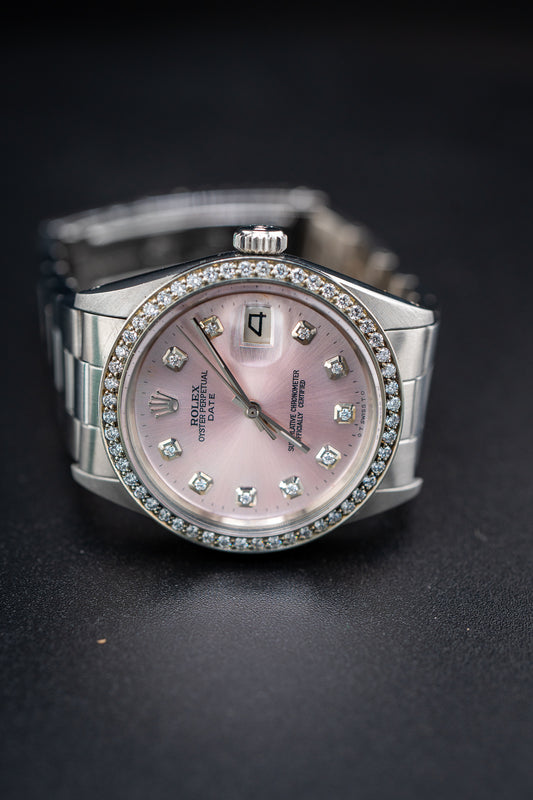 Pre-Owned Rolex Datejust – Ref. 1500 – Custom Pink Diamond Dial & Diamond Bezel