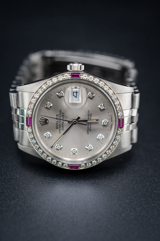 Rolex Datejust 36 – Stainless Steel, Custom Silver Dial w/ Diamond Markers & Ruby/Diamond Bezel