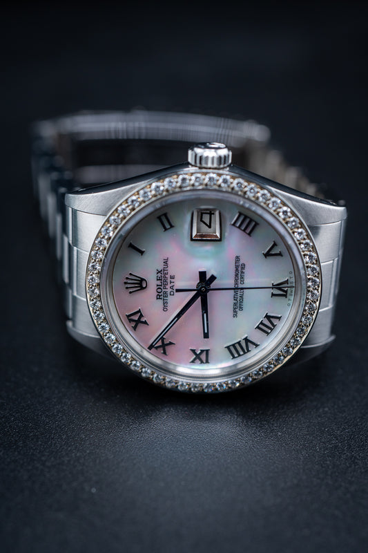 Pre-Owned Rolex Datejust 34mm – Ref. 1500 – Custom Mother of Pearl Roman Diamond Dial & Bezel