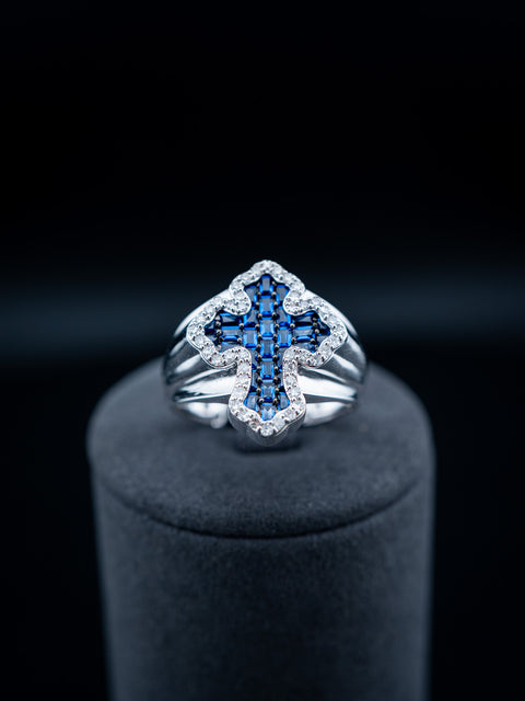 10K White Gold Natural Diamond & Sapphire Cross Ring – 0.39ctw Diamonds – 0.88ct Sapphires
