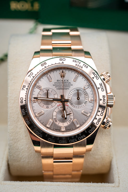 2023 Rolex Cosmograph Daytona – Sundust Dial – Everose Gold – Baguette Hour Markers – Like New Complete Set