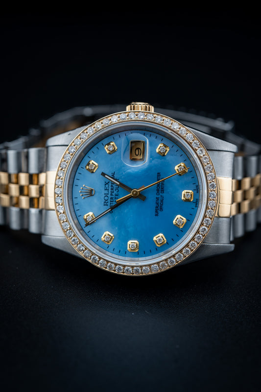 Rolex Datejust 36 Blue Mother of Pearl Dial – Aftermarket Diamond Bezel & Markers – Ref. 16233