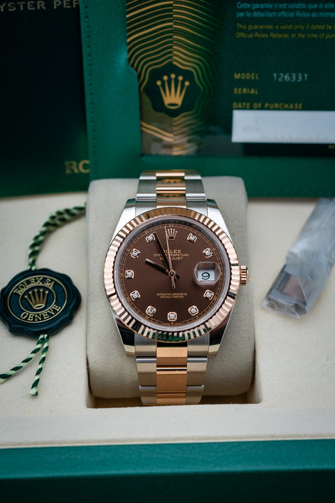 Brand New Rolex Datejust 41 – Chocolate Dial with Diamond Markers – Oyster Bracelet – Ref. 126331 – Complete Set