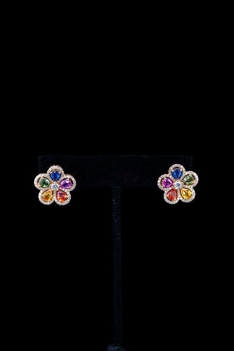 14K Yellow Gold Natural Rainbow Sapphire & Diamond Flower Stud Earrings – 3.62ct Sapphire / 0.79ct Diamonds