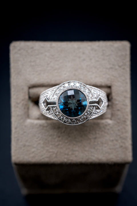 14K White Gold Blue Topaz & Diamond Ring, 0.50 CTW, Size 6.5