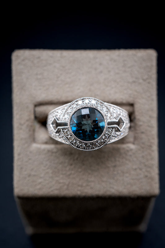 14K White Gold Blue Topaz & Diamond Ring, 0.50 CTW, Size 6.5
