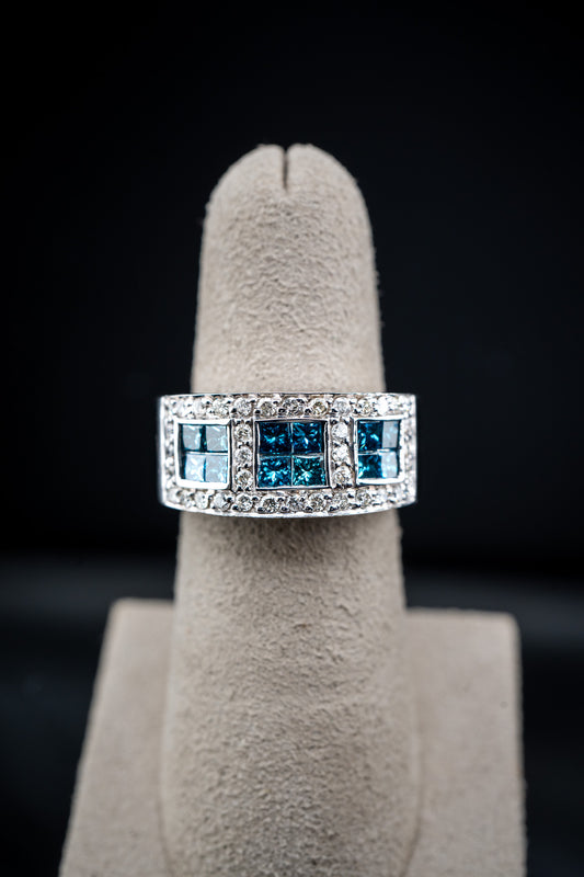 14K White Gold Pavé Blue Diamond Set Ring, 2.60 CTW, Size 6