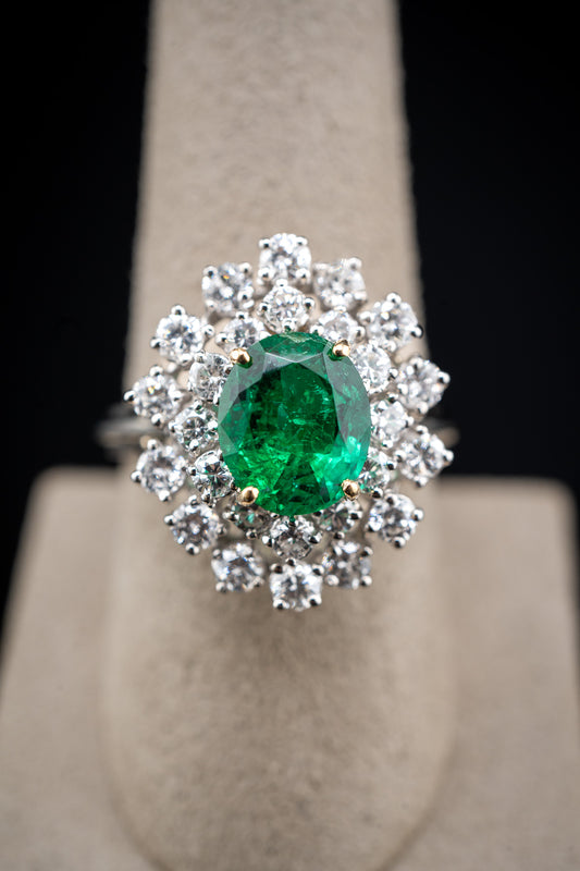 Natural Emerald Diamond Cluster Ring, 14K White Gold, Size 8.75, 7.5 Grams