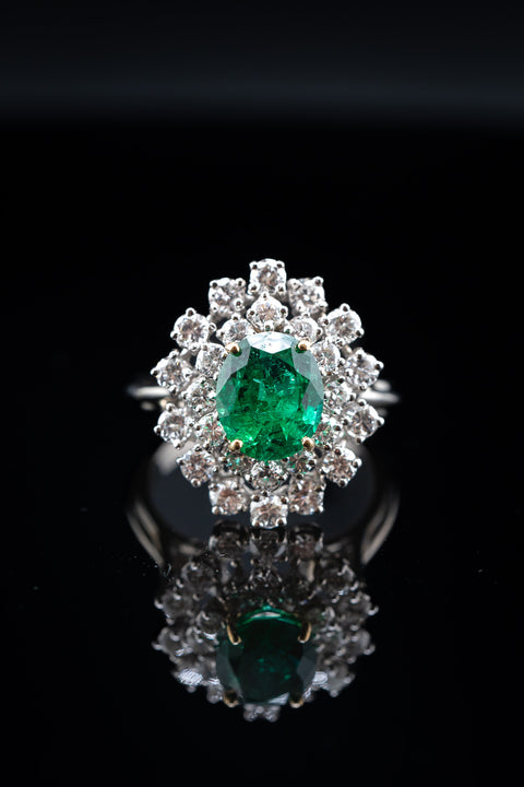 14K White Gold Natural Emerald Diamond Cluster Ring Size 8.75