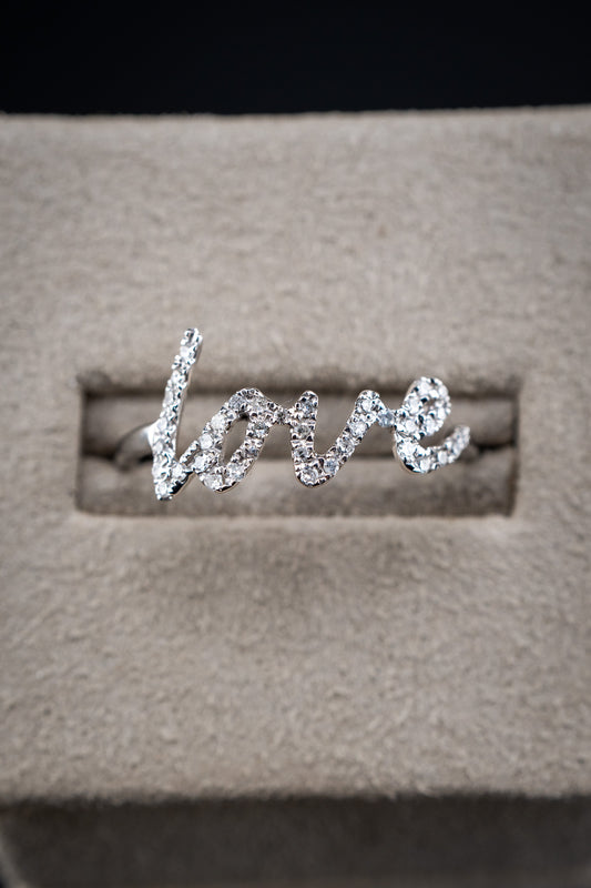 14K White Gold Love Script Diamond Pavé Ring, 0.15 CTW, Size 7
