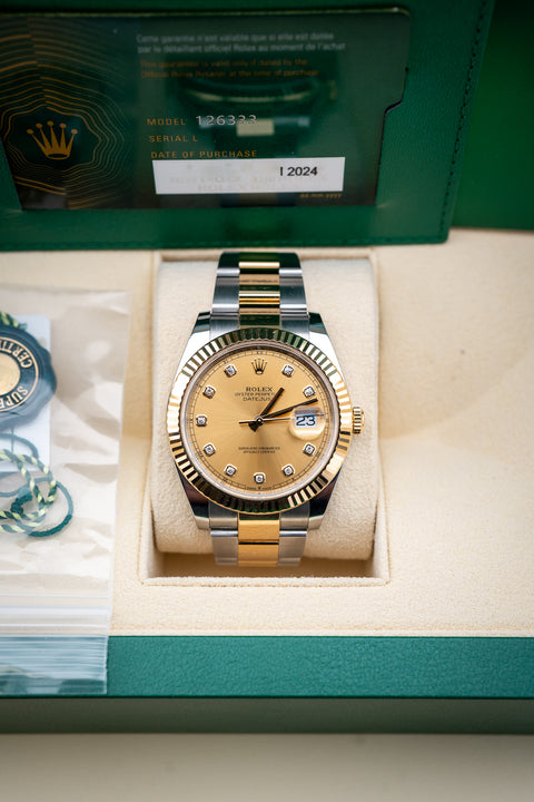 2024 Rolex Datejust 41 – Champagne Dial with Diamond Markers – Ref. 126333 – Two-Tone – Pre-Owned Complete Set