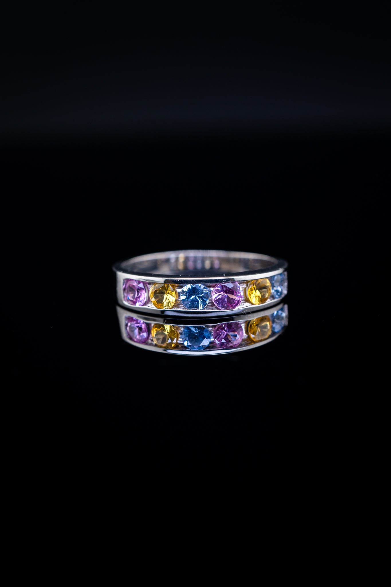 14K White Gold Blue, Yellow, and Pink Sapphire Alternating Ring, Size 6.75