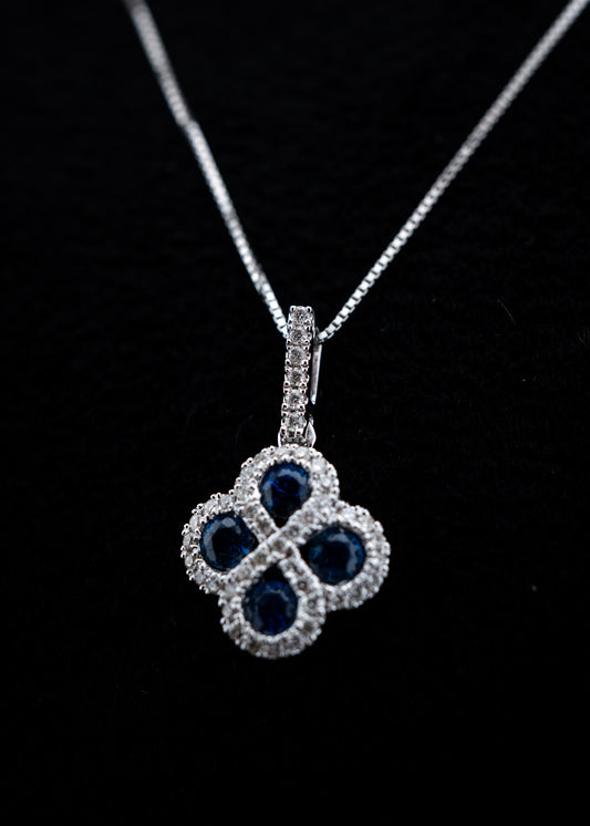 14K White Gold Blue Sapphire & Diamond Flower Motif Pendant Set – 0.25 CTW