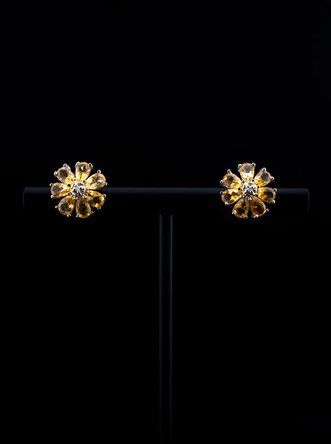 10K White Gold Citrine Flower and Diamond Stud Earrings – 0.25 CTW