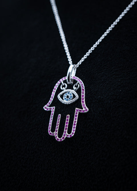 Hulchi Belluni Hamsa Evil Eye Necklace – 18K Gold with Diamonds, Rubies & Sapphires