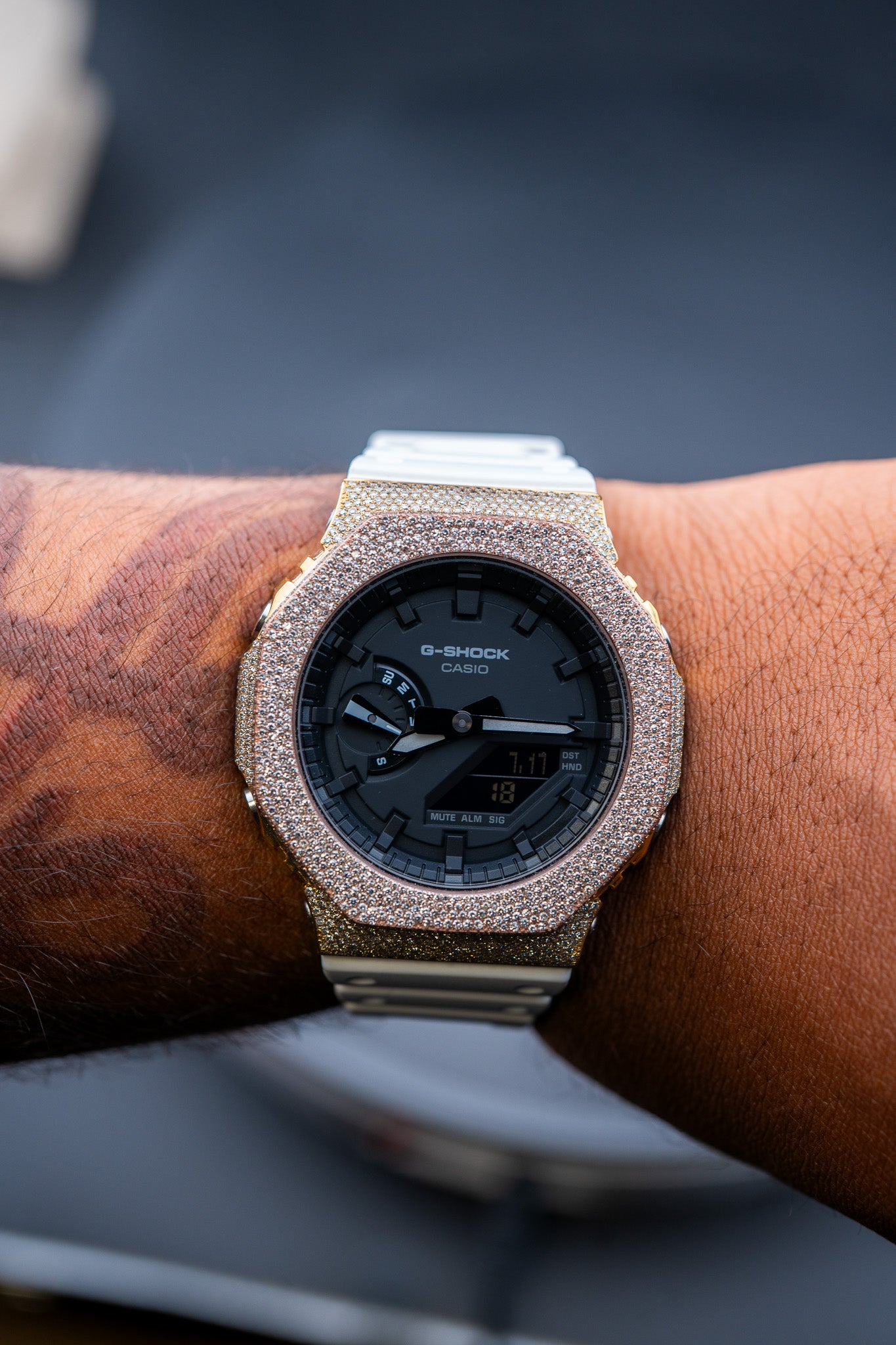 Two-Tone Iced Out G-Shock – Yellow & Rose Gold | White Strap | Black Dial