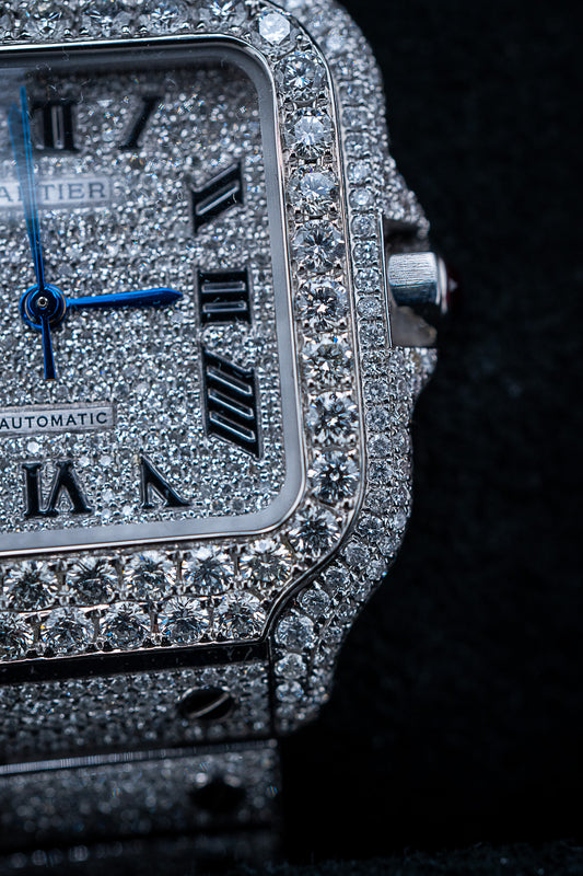 Cartier Santos Medium – Stainless Steel – Custom Iced Out with Natural VS+ Diamonds (D–F Color) – Brand New Complete Set