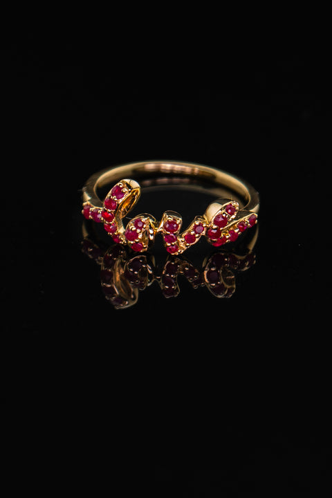 14K Yellow Gold Ruby "LOVE" Script Ring Size 7