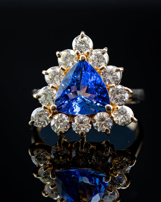 14K Yellow Gold Tanzanite and Diamond Triangle Fancy Ring, 1.59 CTW