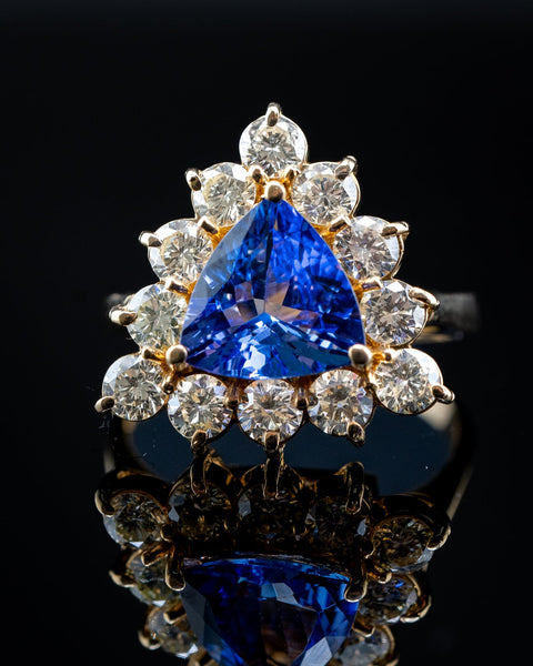 14K Yellow Gold Tanzanite and Diamond Triangle Fancy Ring, 1.59 CTW