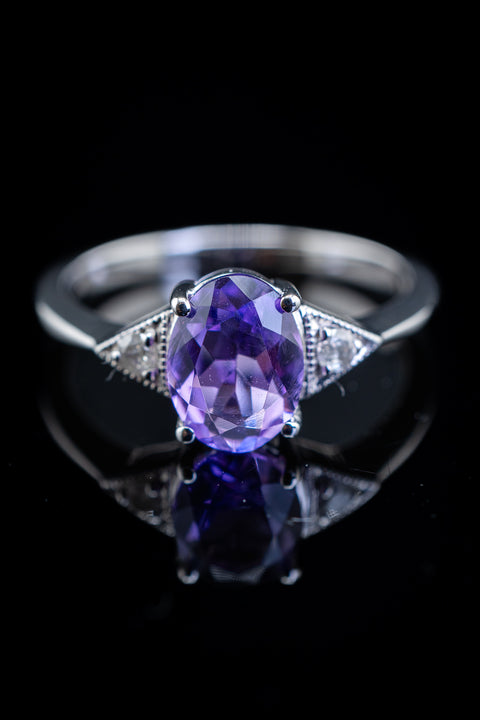 14K White Gold Amethyst & Diamond Ring, 0.05 CTW, Size 6.25