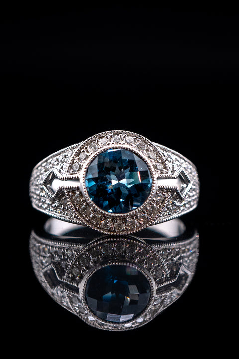 14K White Gold Blue Topaz & Diamond Ring, 0.50 CTW, Size 6.5