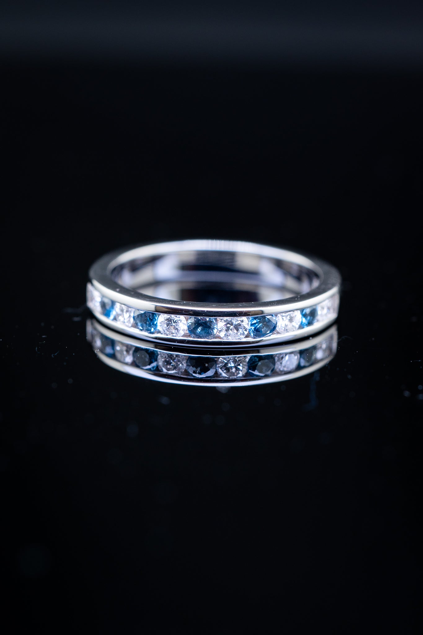 14K White Gold Blue Sapphire & Diamond Alternating Ring, 0.35 CTW, Size 7