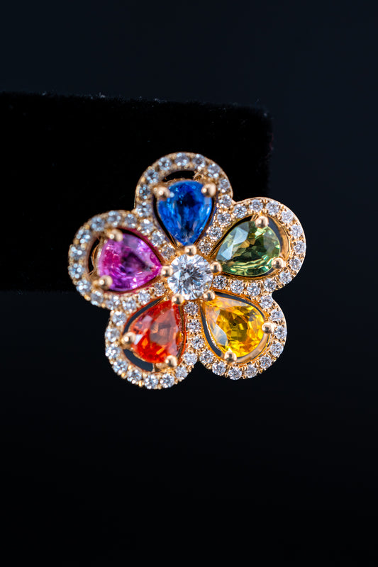 14K Yellow Gold Natural Rainbow Sapphire & Diamond Flower Stud Earrings – 3.62ct Sapphire / 0.79ct Diamonds