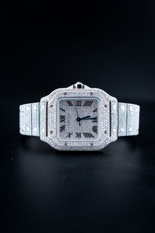 Brand New Cartier Santos Medium – Fully Iced Out – 13.00 CTW Natural VS Diamonds – Complete Set