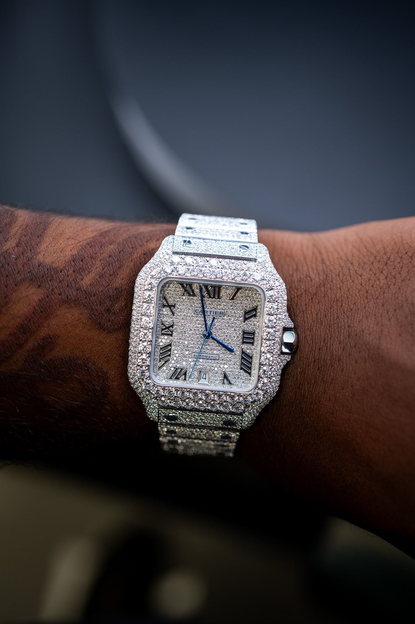 Cartier Santos XL Stainless Steel Bustdown – Custom 22 CTW VS+ Lab Diamonds – Complete Set