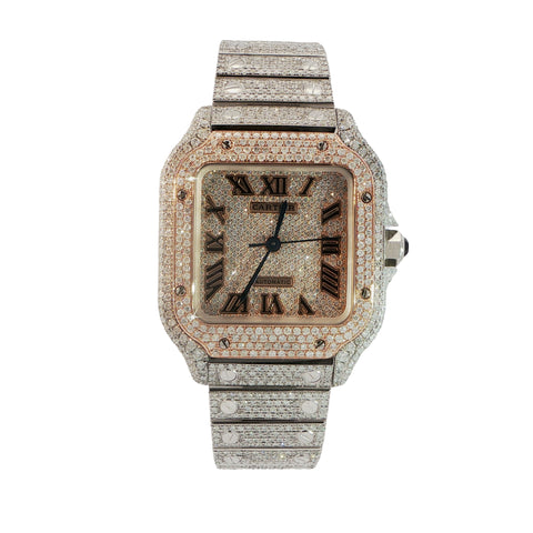Brand New Cartier Santos Medium – Two-Tone Rose Gold – Fully Iced Out – 13.00 CTW Natural VS Diamonds – Complete Set