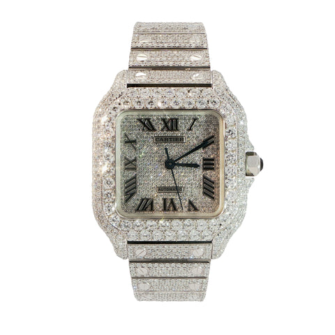 Cartier Santos Medium – Stainless Steel – Custom Iced Out with Natural VS+ Diamonds (D–F Color) – Brand New Complete Set