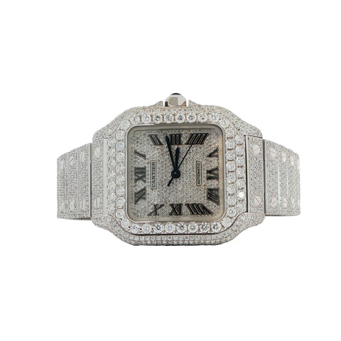 Cartier Santos Medium – Stainless Steel – Custom Iced Out with Natural VS+ Diamonds (D–F Color) – Brand New Complete Set