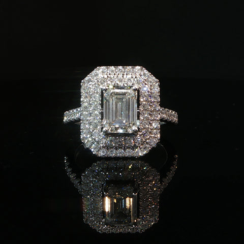 10K White Gold Double Halo Emerald Cut Diamond Engagement Ring