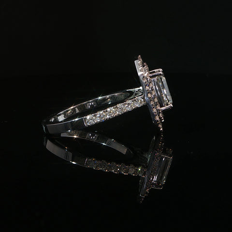 10K White Gold Double Halo Emerald Cut Diamond Engagement Ring